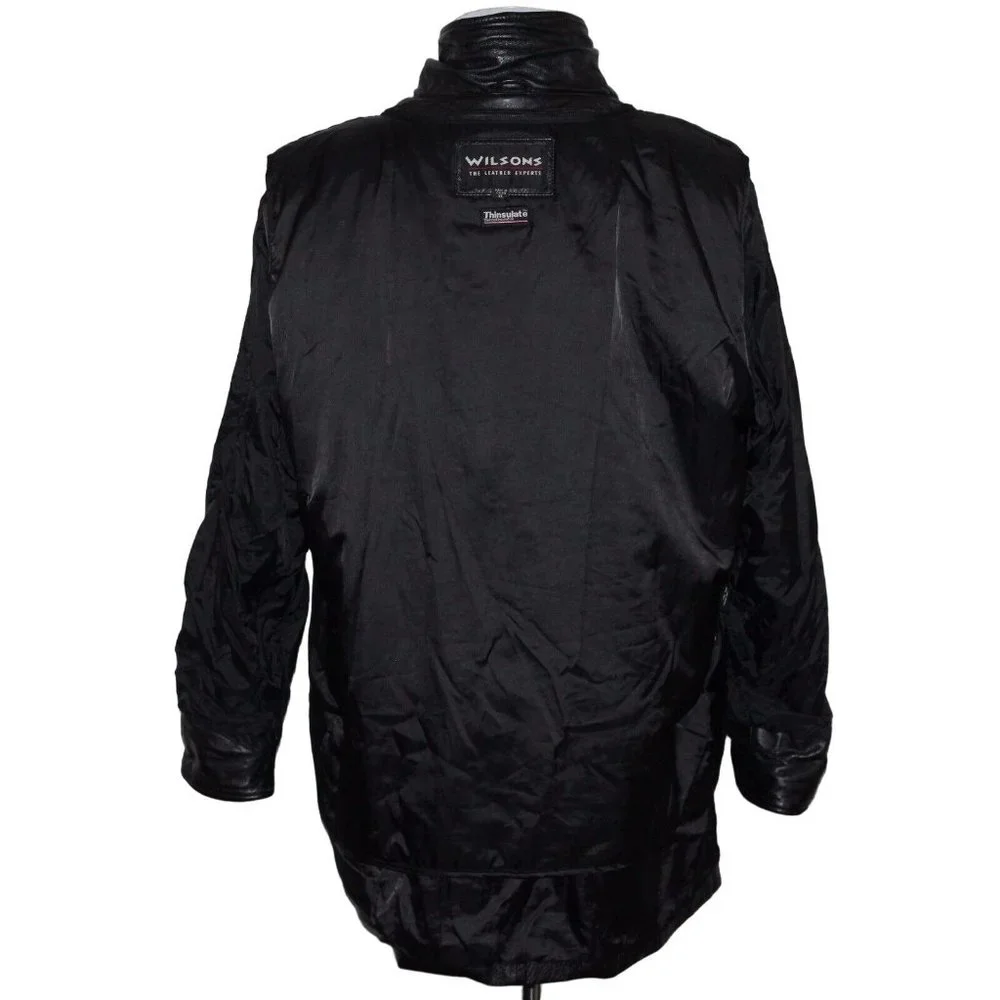 Wilson's Thinsulate 3M XL Insulated 3 Button Snap Black 100% Leather Jacket Coat - Picture 5 of 11
